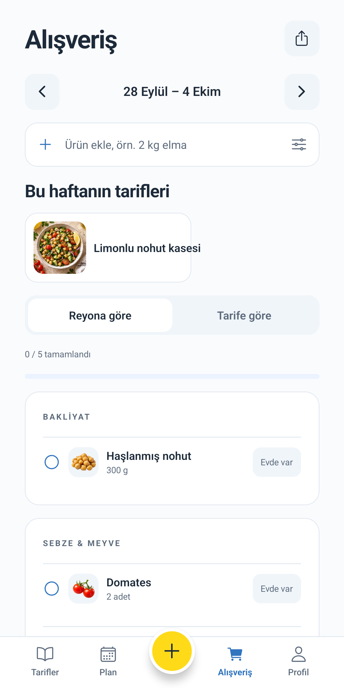 Tarifino alışveriş listesi — gerçek Android uygulama ekranı